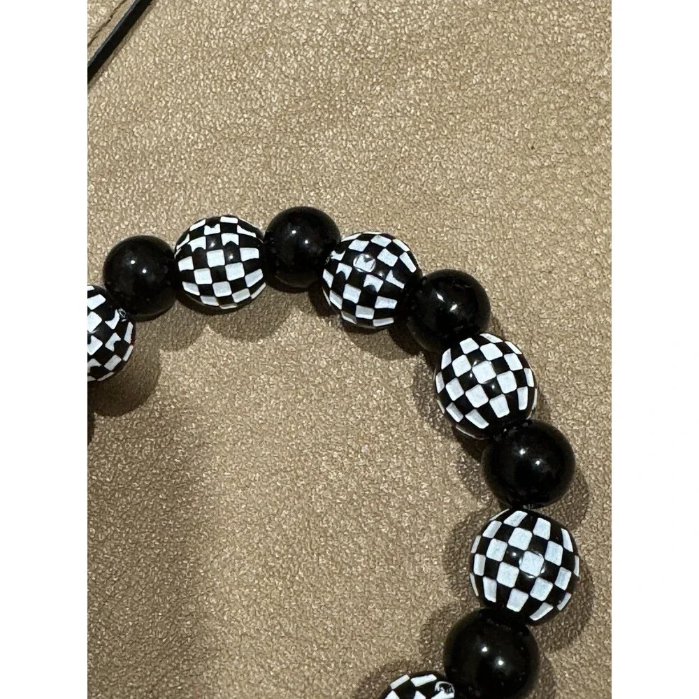 Black White Harlequin Beaded Stretch Bracelet Checkerboard Retro Goth